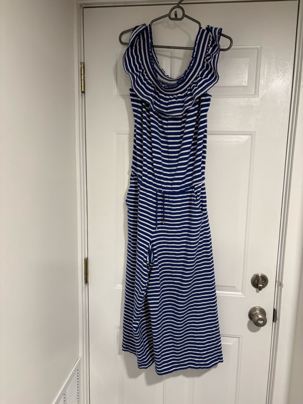 Lauren Ralph Lauren Striped Jumpsuit Blue/White Off Shoulder with Pockets.